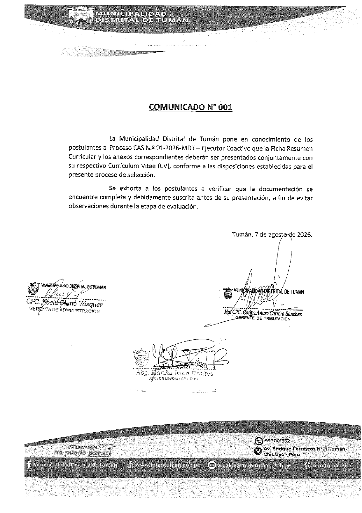 COMUNICADO Nº 001 – CONCURSO CAS 001-2026