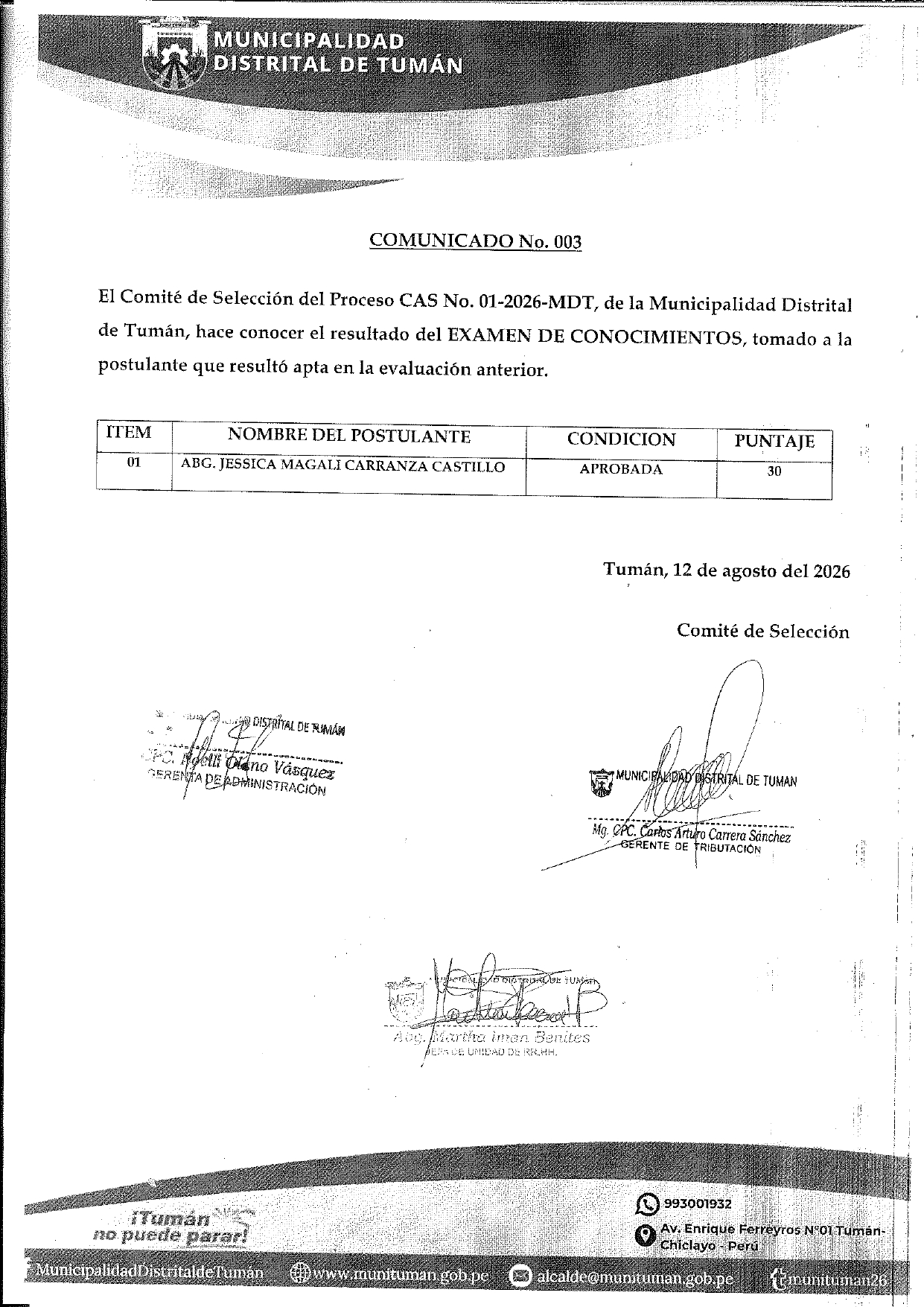 Comunicado Nº 003 - Concurso CAS 2026