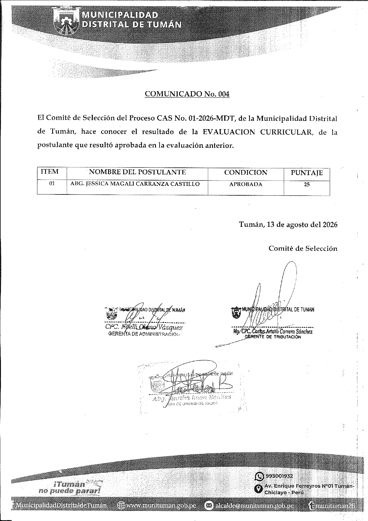 Comunicado N° 004 - Concurso CAS 2026