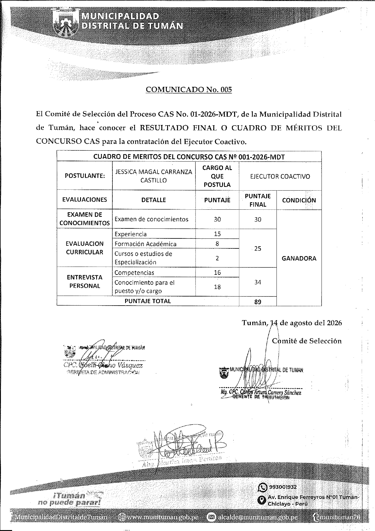 COMUNICADO N° 005 - CAS 2026